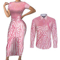 Breast Cancer Awareness Maori Couples Matching Short Sleeve Bodycon Dress and Long Sleeve Button Shirt Kia Kaha Kia Maia Kia Manawanui - Polynesian Pride