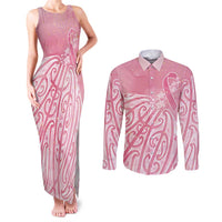 Breast Cancer Awareness Maori Couples Matching Tank Maxi Dress and Long Sleeve Button Shirt Kia Kaha Kia Maia Kia Manawanui - Polynesian Pride