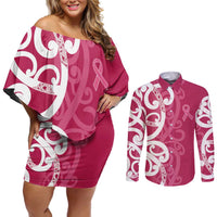 Breast Cancer Awareness Maori Couples Matching Off Shoulder Short Dress and Long Sleeve Button Shirt Koru Kowhaiwhai - Polynesian Pride