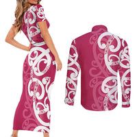 Breast Cancer Awareness Maori Couples Matching Short Sleeve Bodycon Dress and Long Sleeve Button Shirt Koru Kowhaiwhai - Polynesian Pride