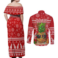 Hawaii Pineapple Christmas Couples Matching Off Shoulder Maxi Dress and Long Sleeve Button Shirt Mele Kalikimaka LT7 - Polynesian Pride