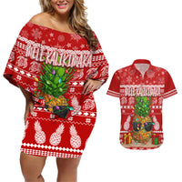 Hawaii Pineapple Christmas Couples Matching Off Shoulder Short Dress and Hawaiian Shirt Mele Kalikimaka LT7 Red - Polynesian Pride