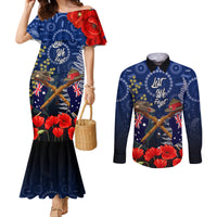 Anzac Couples Matching Mermaid Dress and Long Sleeve Button Shirt Australia Aboriginal Mix New Zealand Slouch Hats LT7 Blue - Polynesian Pride