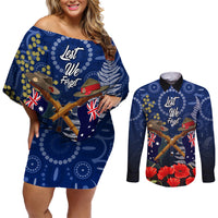 Anzac Couples Matching Off Shoulder Short Dress and Long Sleeve Button Shirt Ausralia Aboriginal Mix New Zealand Slouch Hats LT7 Blue - Polynesian Pride