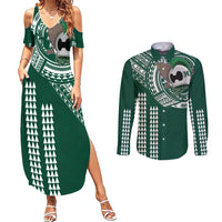 Hawaii Rainbow Warriors Personalized Couples Matching Summer Maxi Dress and Long Sleeve Button Shirt Kakau Ikaika Laau Pama LT7 Green - Polynesian Pride