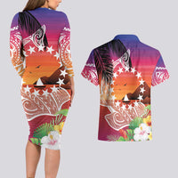 Kia Orana Cook Islands Couples Matching Long Sleeve Bodycon Dress and Hawaiian Shirt Sunset Dream