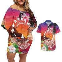 Kia Orana Cook Islands Couples Matching Off Shoulder Short Dress and Hawaiian Shirt Sunset Dream