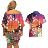 Kia Orana Cook Islands Couples Matching Off Shoulder Short Dress and Hawaiian Shirt Sunset Dream