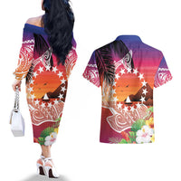 Kia Orana Cook Islands Couples Matching Off The Shoulder Long Sleeve Dress and Hawaiian Shirt Sunset Dream