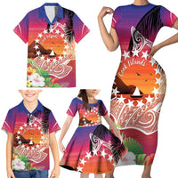 Kia Orana Cook Islands Family Matching Short Sleeve Bodycon Dress and Hawaiian Shirt Sunset Dream