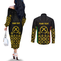 Vanuatu Indipendens Dei Couples Matching Off The Shoulder Long Sleeve Dress and Long Sleeve Button Shirt Tribal Sand Drawing