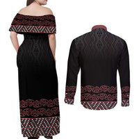 Maori Taniko Patterns Couples Matching Off Shoulder Maxi Dress and Long Sleeve Button Shirt Brown Niho Taniwha Mix Paatiki Motifs