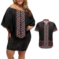 Maori Taniko Patterns Couples Matching Off Shoulder Short Dress and Hawaiian Shirt Brown Niho Taniwha Mix Paatiki Motifs
