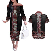 Maori Taniko Patterns Couples Matching Off The Shoulder Long Sleeve Dress and Hawaiian Shirt Brown Niho Taniwha Mix Paatiki Motifs