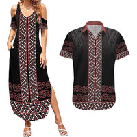 Maori Taniko Patterns Couples Matching Summer Maxi Dress and Hawaiian Shirt Brown Niho Taniwha Mix Paatiki Motifs LT7 Brown - Polynesian Pride