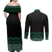 Maori Taniko Patterns Couples Matching Off Shoulder Maxi Dress and Long Sleeve Button Shirt Pounamu Niho Taniwha Mix Paatiki Motifs LT7 - Polynesian Pride