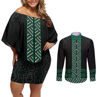 Maori Taniko Patterns Couples Matching Off Shoulder Short Dress and Long Sleeve Button Shirt Pounamu Niho Taniwha Mix Paatiki Motifs LT7 Green - Polynesian Pride
