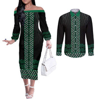 Maori Taniko Patterns Couples Matching Off The Shoulder Long Sleeve Dress and Long Sleeve Button Shirt Pounamu Niho Taniwha Mix Paatiki Motifs LT7 Green - Polynesian Pride