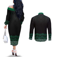 Maori Taniko Patterns Couples Matching Off The Shoulder Long Sleeve Dress and Long Sleeve Button Shirt Pounamu Niho Taniwha Mix Paatiki Motifs LT7 - Polynesian Pride