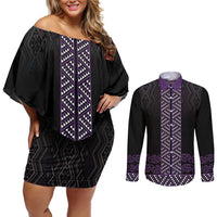 Maori Taniko Patterns Couples Matching Off Shoulder Short Dress and Long Sleeve Button Shirt Purple Niho Taniwha Mix Paatiki Motifs