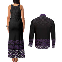 Maori Taniko Patterns Couples Matching Tank Maxi Dress and Long Sleeve Button Shirt Purple Niho Taniwha Mix Paatiki Motifs LT7 - Polynesian Pride