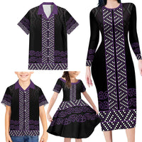 Maori Taniko Patterns Family Matching Long Sleeve Bodycon Dress and Hawaiian Shirt Purple Niho Taniwha Mix Paatiki Motifs