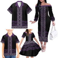 Maori Taniko Patterns Family Matching Off The Shoulder Long Sleeve Dress and Hawaiian Shirt Purple Niho Taniwha Mix Paatiki Motifs