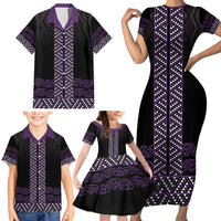 Maori Taniko Patterns Family Matching Short Sleeve Bodycon Dress and Hawaiian Shirt Purple Niho Taniwha Mix Paatiki Motifs