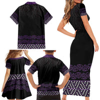 Maori Taniko Patterns Family Matching Short Sleeve Bodycon Dress and Hawaiian Shirt Purple Niho Taniwha Mix Paatiki Motifs