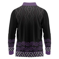 Maori Taniko Patterns Long Sleeve Polo Shirt Purple Niho Taniwha Mix Paatiki Motifs