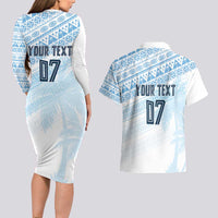 Fiji Rugby Custom Kaiviti Masi Couples Matching Long Sleeve Bodycon Dress and Hawaiian Shirt Turquoise - Polynesian Pride