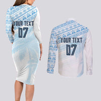 Fiji Rugby Custom Kaiviti Masi Couples Matching Long Sleeve Bodycon Dress and Long Sleeve Button Shirt Turquoise - Polynesian Pride