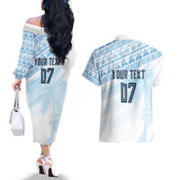 Fiji Rugby Custom Kaiviti Masi Couples Matching Off The Shoulder Long Sleeve Dress and Hawaiian Shirt Turquoise - Polynesian Pride