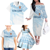 Fiji Rugby Custom Kaiviti Masi Family Matching Off The Shoulder Long Sleeve Dress and Hawaiian Shirt Turquoise - Polynesian Pride