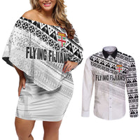 Fiji Rugby Custom Kaiviti Masi Couples Matching Off Shoulder Short Dress and Long Sleeve Button Shirt Black - Polynesian Pride