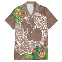 Polynesia Family Matching Off The Shoulder Long Sleeve Dress and Hawaiian Shirt Sharks Duo Tropical Brown