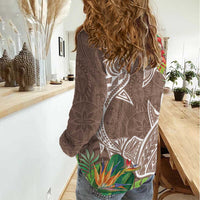 Polynesia Women Casual Shirt Sharks Duo Tropical Brown