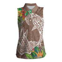 Polynesia Women Sleeveless Polo Shirt Sharks Duo Tropical Brown LT7 Female Brown - Polynesian Pride