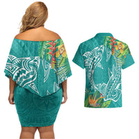 Polynesia Couples Matching Off Shoulder Short Dress and Hawaiian Shirt Sharks Duo Tropical Teal