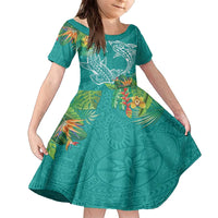 Polynesia Family Matching Off The Shoulder Long Sleeve Dress and Hawaiian Shirt Sharks Duo Tropical Teal