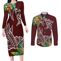 Polynesia Couples Matching Long Sleeve Bodycon Dress and Long Sleeve Button Shirt Sharks Duo Tropical Oxblood