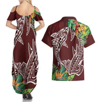 Polynesia Couples Matching Summer Maxi Dress and Hawaiian Shirt Sharks Duo Tropical Oxblood