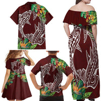 Polynesia Family Matching Off Shoulder Maxi Dress and Hawaiian Shirt Sharks Duo Tropical Oxblood