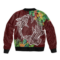 Polynesia Sleeve Zip Bomber Jacket Sharks Duo Tropical Oxblood