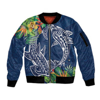 Polynesia Sleeve Zip Bomber Jacket Sharks Duo Tropical Navy