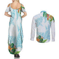 Polynesia Couples Matching Summer Maxi Dress and Long Sleeve Button Shirt Sharks Duo Tropical Turquoise