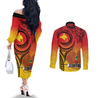 Papua New Guinea 50 Years Couples Matching Off The Shoulder Long Sleeve Dress and Long Sleeve Button Shirt Motuan Motifs