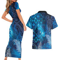Aotearoa Taniko Matariki Couples Matching Short Sleeve Bodycon Dress and Hawaiian Shirt Cosmic Blue