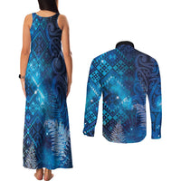 Aotearoa Taniko Matariki Couples Matching Tank Maxi Dress and Long Sleeve Button Shirt Cosmic Blue