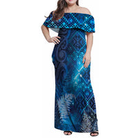 Aotearoa Taniko Matariki Family Matching Off Shoulder Maxi Dress and Hawaiian Shirt Cosmic Blue